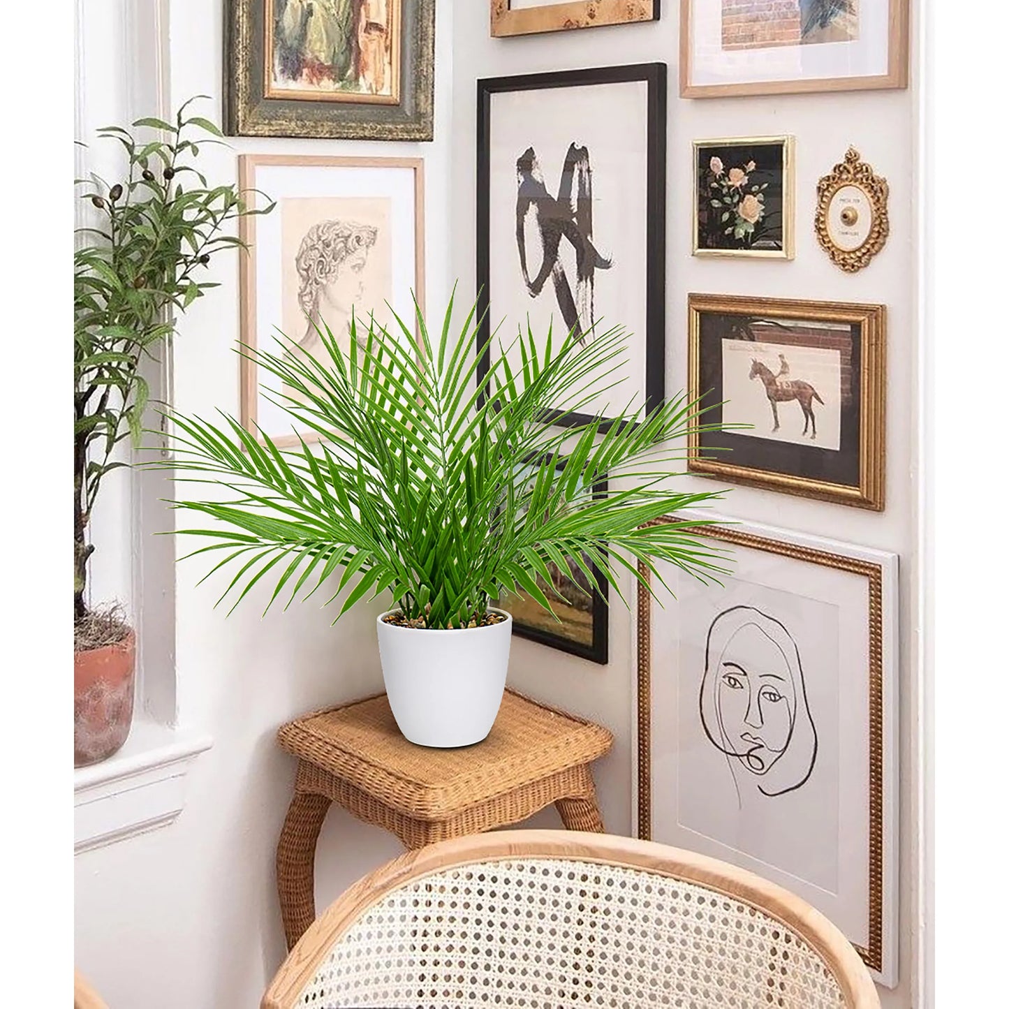 15"Artificial Palm Plant Real Touch Faux Tropical Palm Tree in White Pot Home Indoor Living Room Tabletop Balcony Decorations