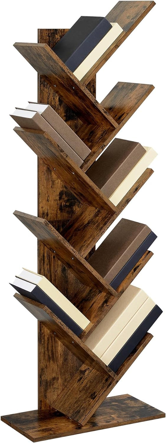 Tree Bookshelf, 9-Tier Bookcase, Large Bookshelf, Space-Saving Corner Shelf, Book Tree, Holds Books, Cds, Games, for Bedroom, Living Room, Home Office, Rustic Brown ULBC11BX