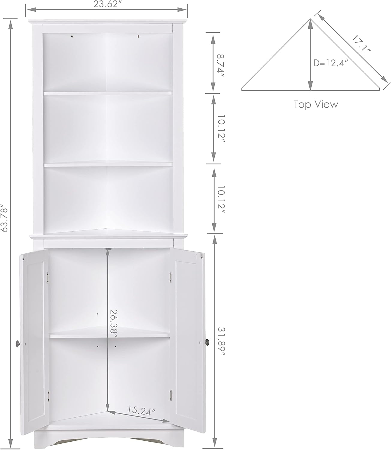 Tall Corner Cabinet with Doors and Shelves, Freestanding Corner Storage Cabinet for Bathroom, Kitchen, Living Room, White
