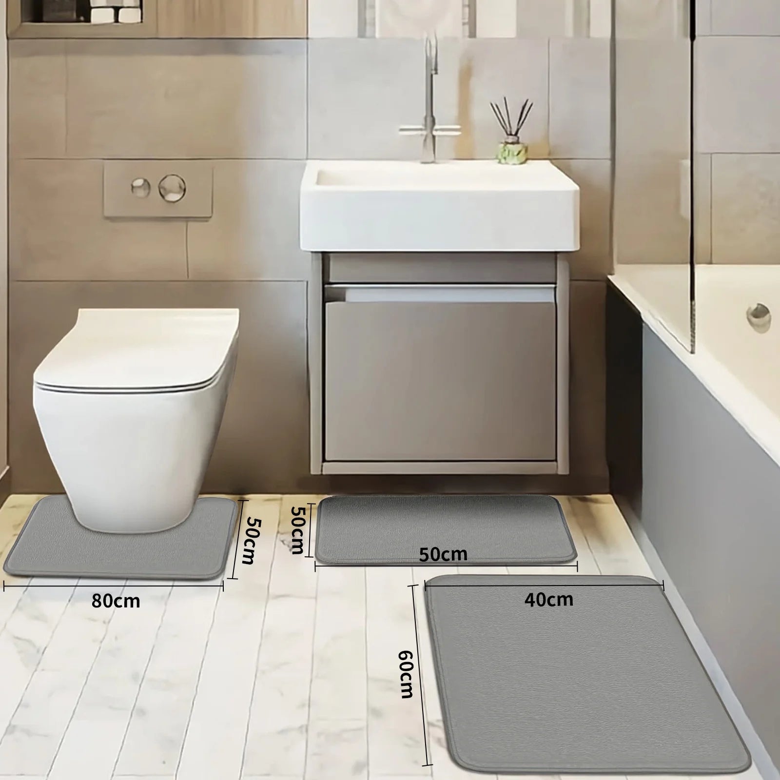 Memory Foam Bath Mat Set - 3 Pcs Absorbent Non-Slip Bathroom Rugs (Small, Large & Contour)