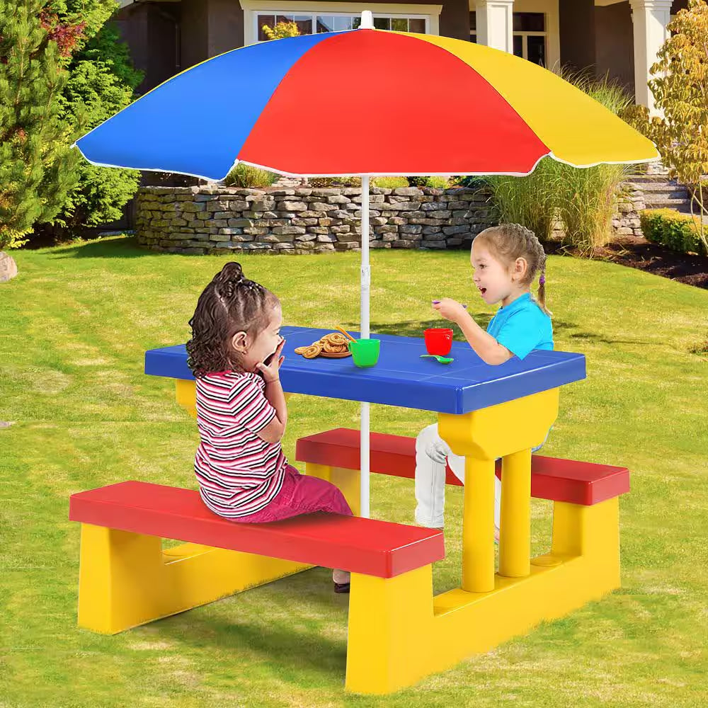 Kids Picnic Table Set with Removable Umbrella Indoor Outdoor Garden Patio