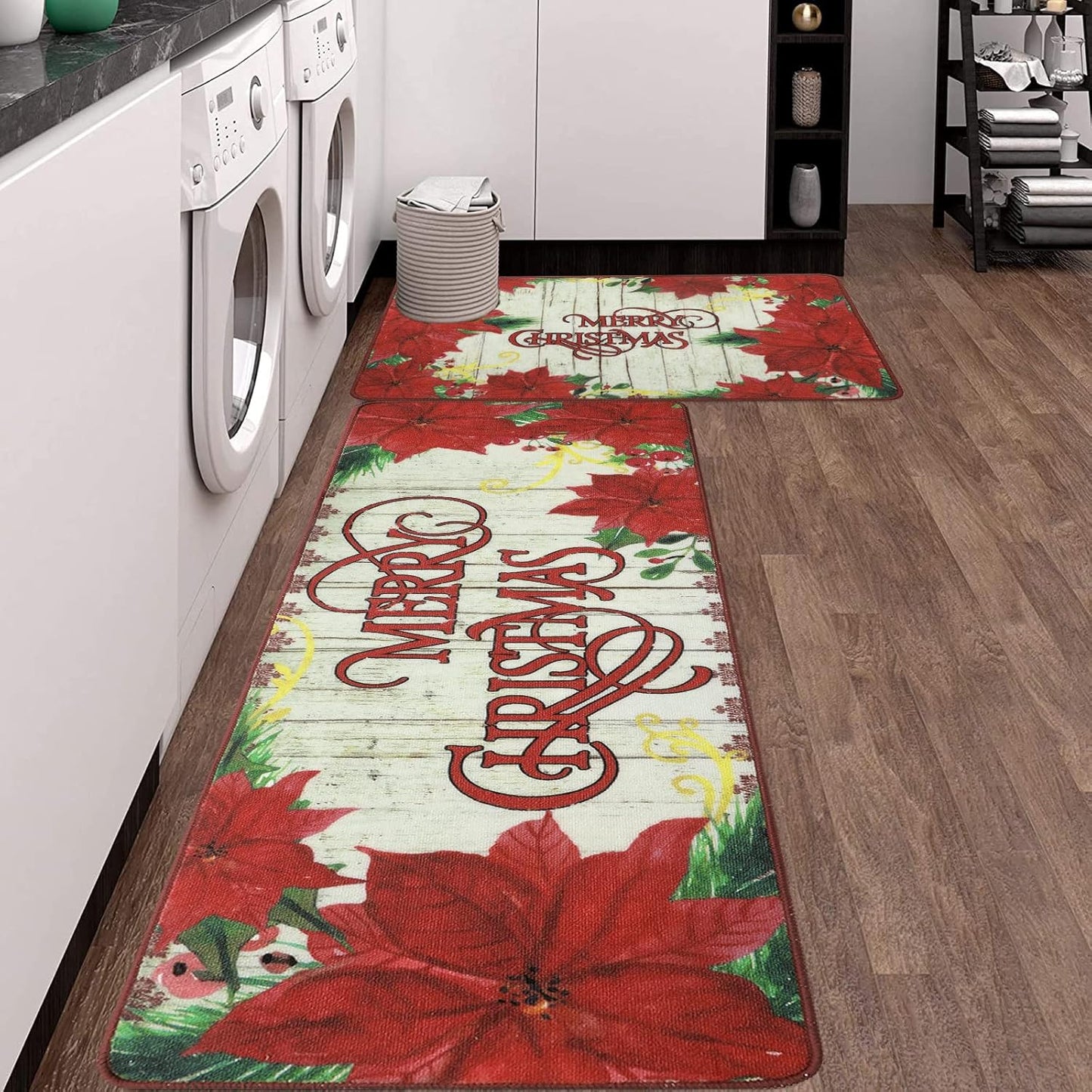 Christmas Kitchen Mats and Rugs Runner Set 2 Pieces Non Slip Kitchen Floor Rug Carpet Indoor Outdoor Floor Mat for Kitchen Sink,Laundry Room,Christmas Decorations