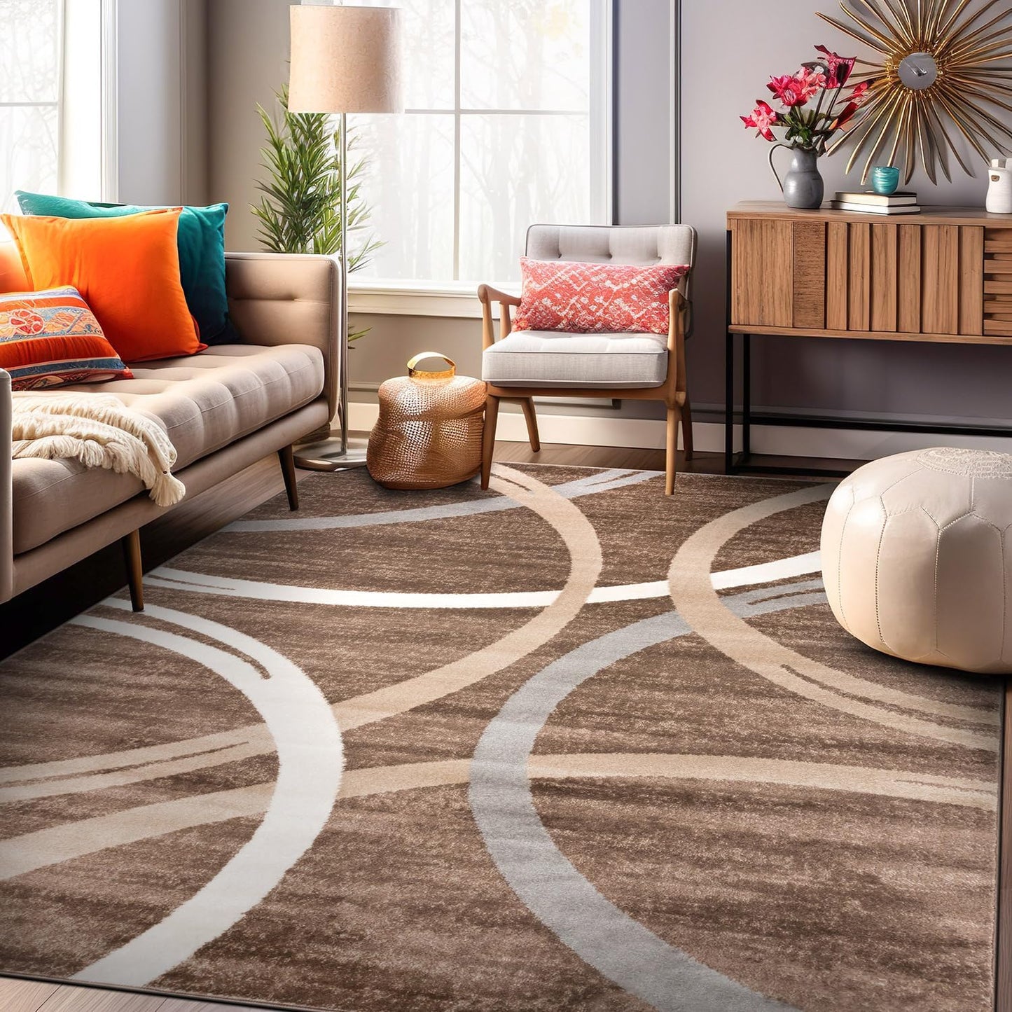 Modern Wavy Circles Design Area Rug 10' X 14' Brown