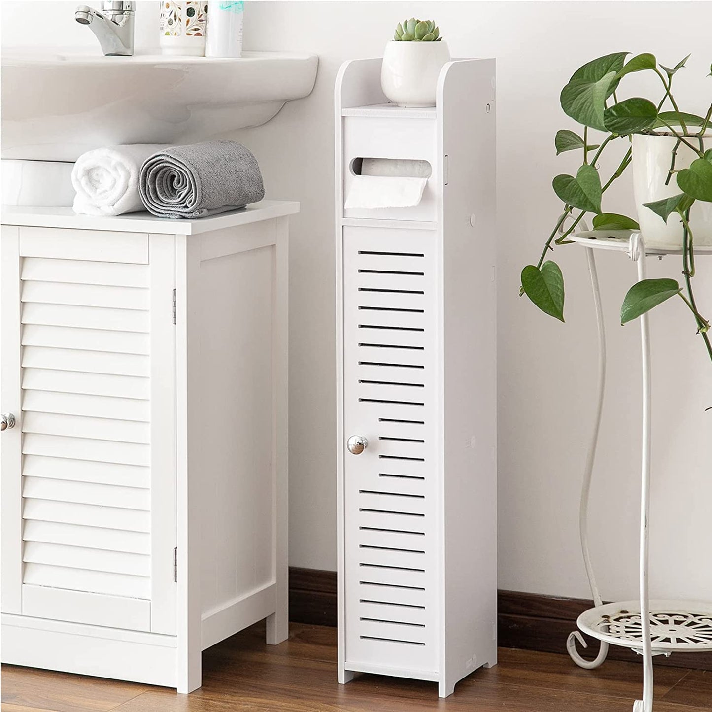Stylish White Toilet Paper Holder Stand - Perfect Small Bathroom Storage Solution!