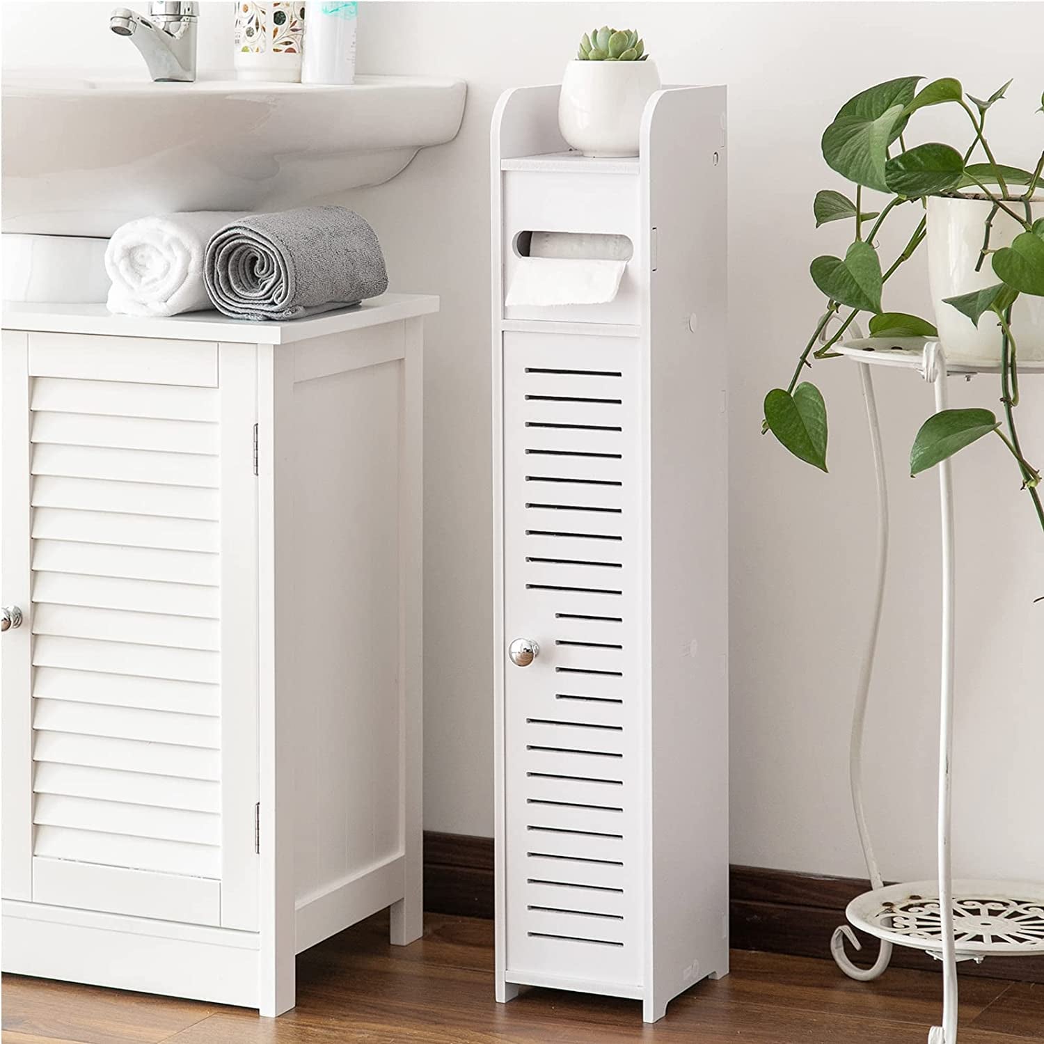 Stylish White Toilet Paper Holder Stand - Perfect Small Bathroom Storage Solution!