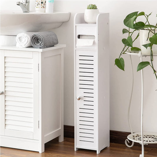 Stylish White Toilet Paper Holder Stand - Perfect Small Bathroom Storage Solution!