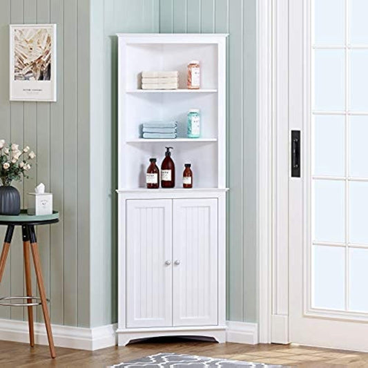 Tall Corner Cabinet with Doors and Shelves, Freestanding Corner Storage Cabinet for Bathroom, Kitchen, Living Room, White