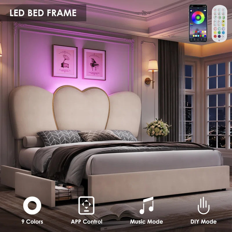 Kraus Velvet Upholstered Platform Storage Bed with LED Lights