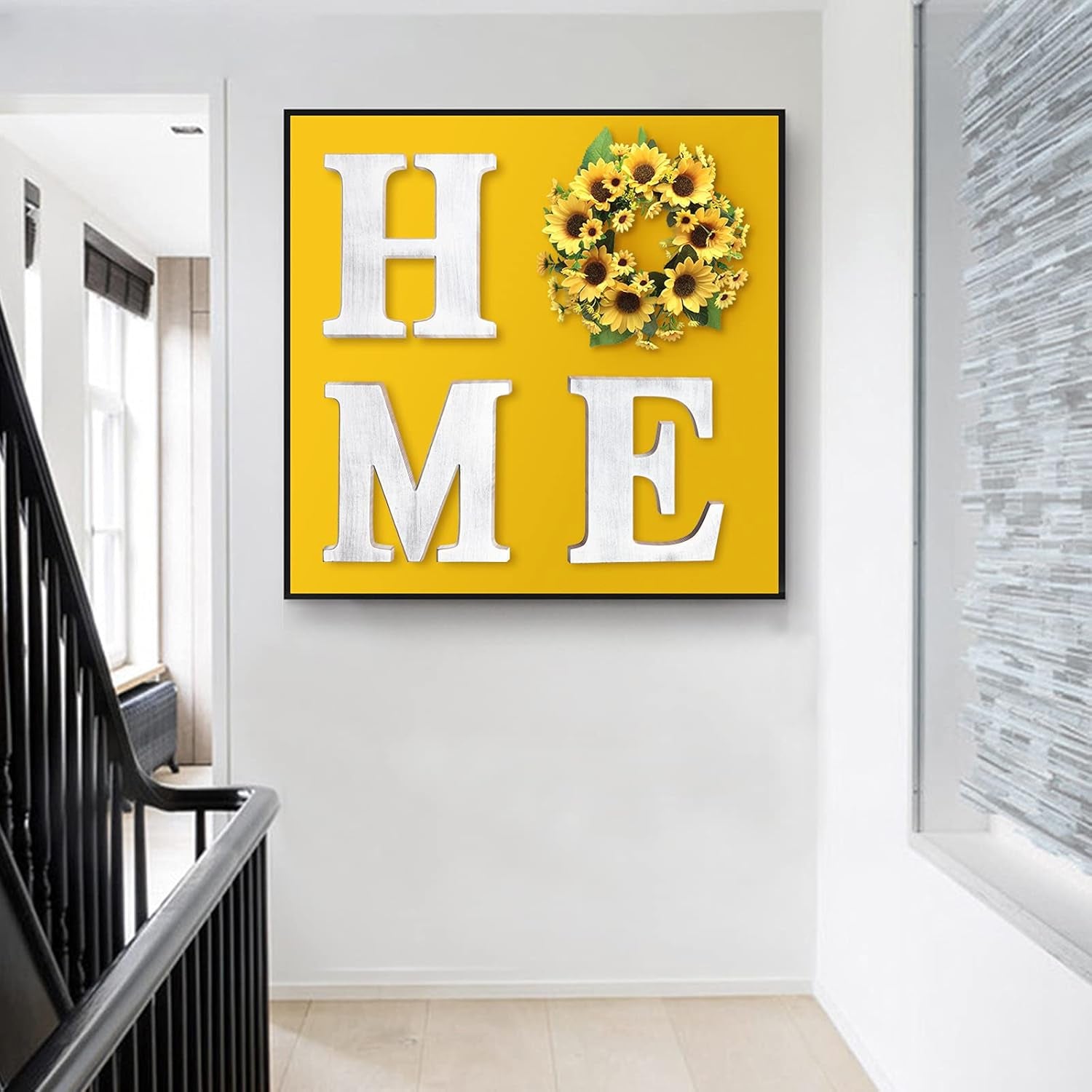 Wall Hanging 12” Wood Home Letters, Decorative Large Wooden Home Sign with Artificial Sunflower Wreath for O, Rustic Wall Decor Art, Farmhouse Wall Decoration for House Living Room Kitchen Entryway