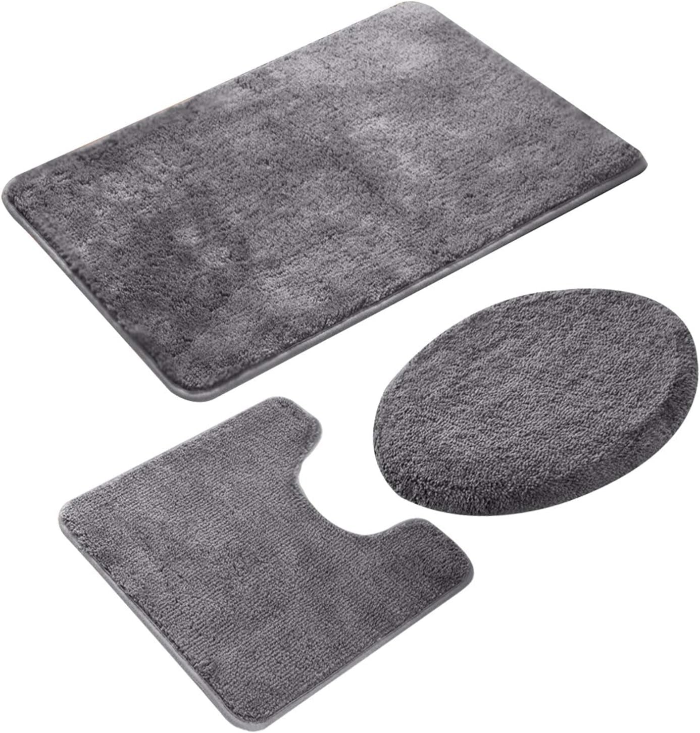 Bathroom Rug Sets 3 Piece, Include 1 Large Bathroom Rug (19.5×31.5In), 1 Contour U-Shaped Toilet Rug (19.5×19.5In), 1 Bath Rug for Lid Cover(19.5×18.5In) (Grey)