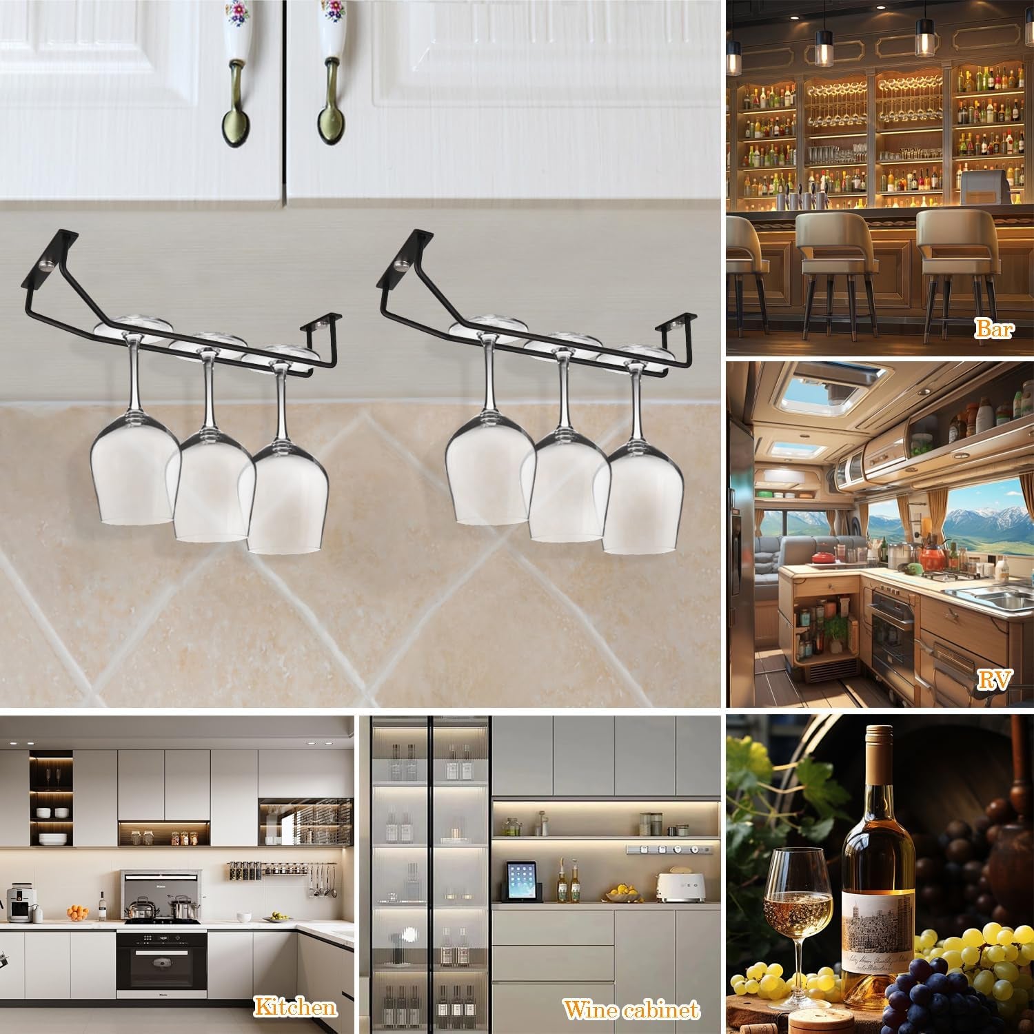 10.8 Inch Black Wine Glass Rack, under Cabinet Wine Glass Holder, Metal Stemware Rack Hanger for Kitchen Storage (2 Pack)