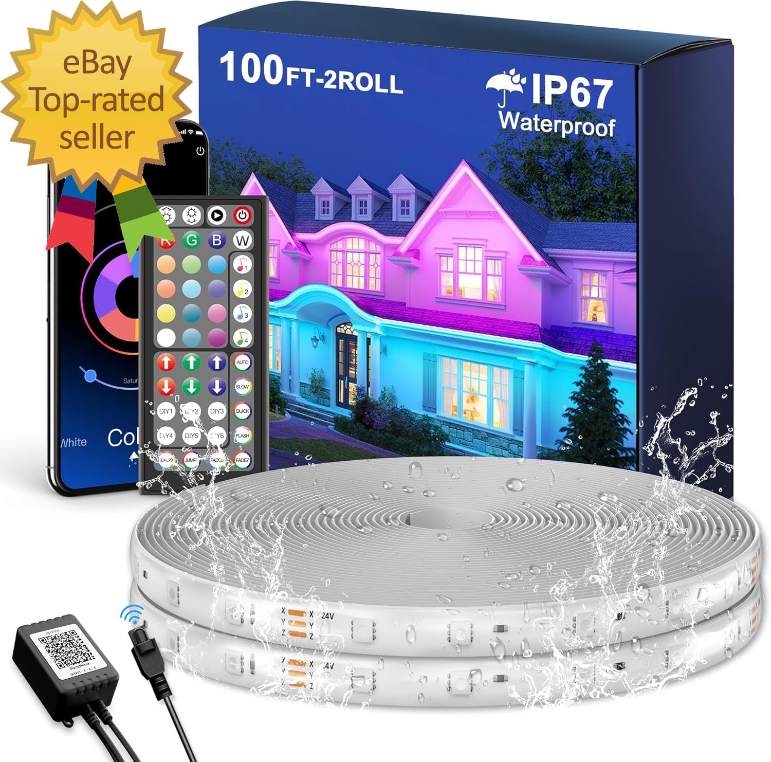 Outdoor LED Strip Lights Waterproof 100FT (2 Rolls of 50Ft) IP67 LED Light Strip