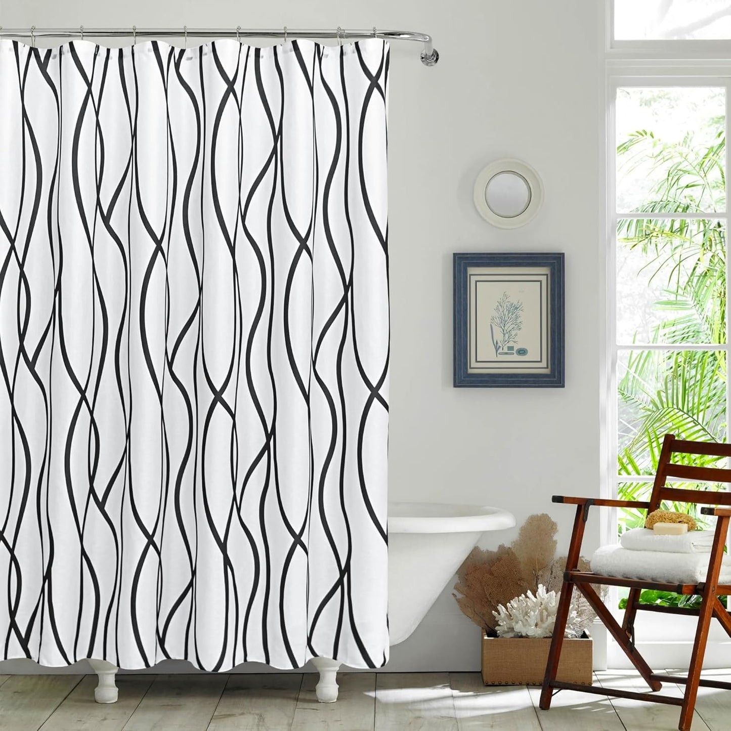 Textured Fabric Shower Curtain 72 Inches by 72 Inches, Black Printed Striped Linen Modern Hotel Luxury Quality Cloth Bathroom Curtains Machine Washable