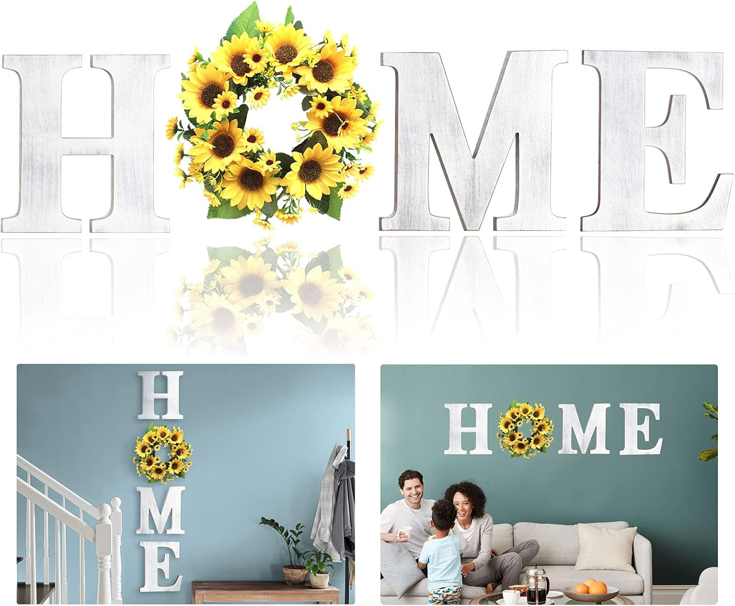 Wall Hanging 12” Wood Home Letters, Decorative Large Wooden Home Sign with Artificial Sunflower Wreath for O, Rustic Wall Decor Art, Farmhouse Wall Decoration for House Living Room Kitchen Entryway