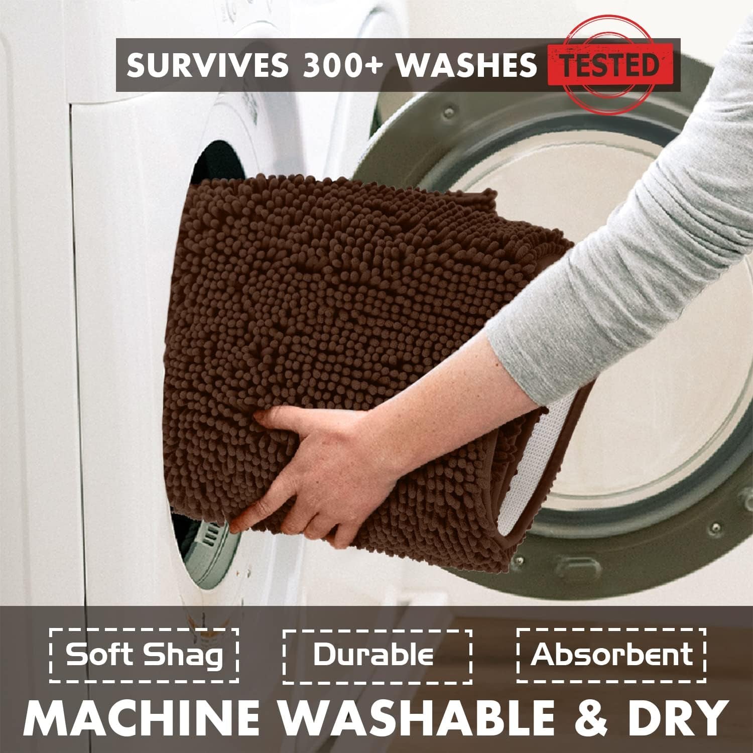 2-Piece Bathroom Rug Set – Ultra-Plush Chenille Mats, Includes Runner Rug, Soft, Absorbent, Non-Slip & Stylish (27X47 & 16X24 Inches, Brown)