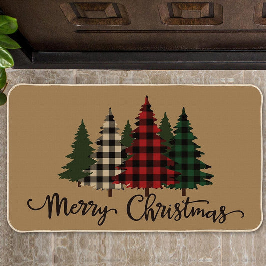 Merry Christmas Door Mat Rug Decorative Doormat Winter Snowman Welcome Floor Mat Non Slip Washable Bathroom Kitchen Entrance Rug for Indoor Outdoor Home Decor, 16 X 28 Inch (Plaid Tree Style)