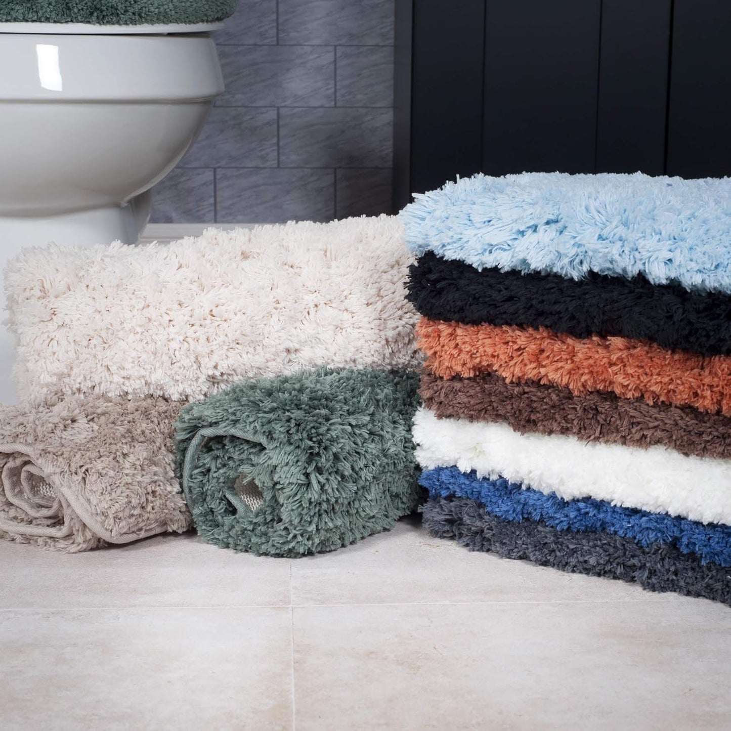 3-Piece Bathroom Rug Set – Non-Slip Bath Mat Set with Bath Rug, Contour Mat, and Toilet Lid Cover – Machine Washable Mats by  (Black)