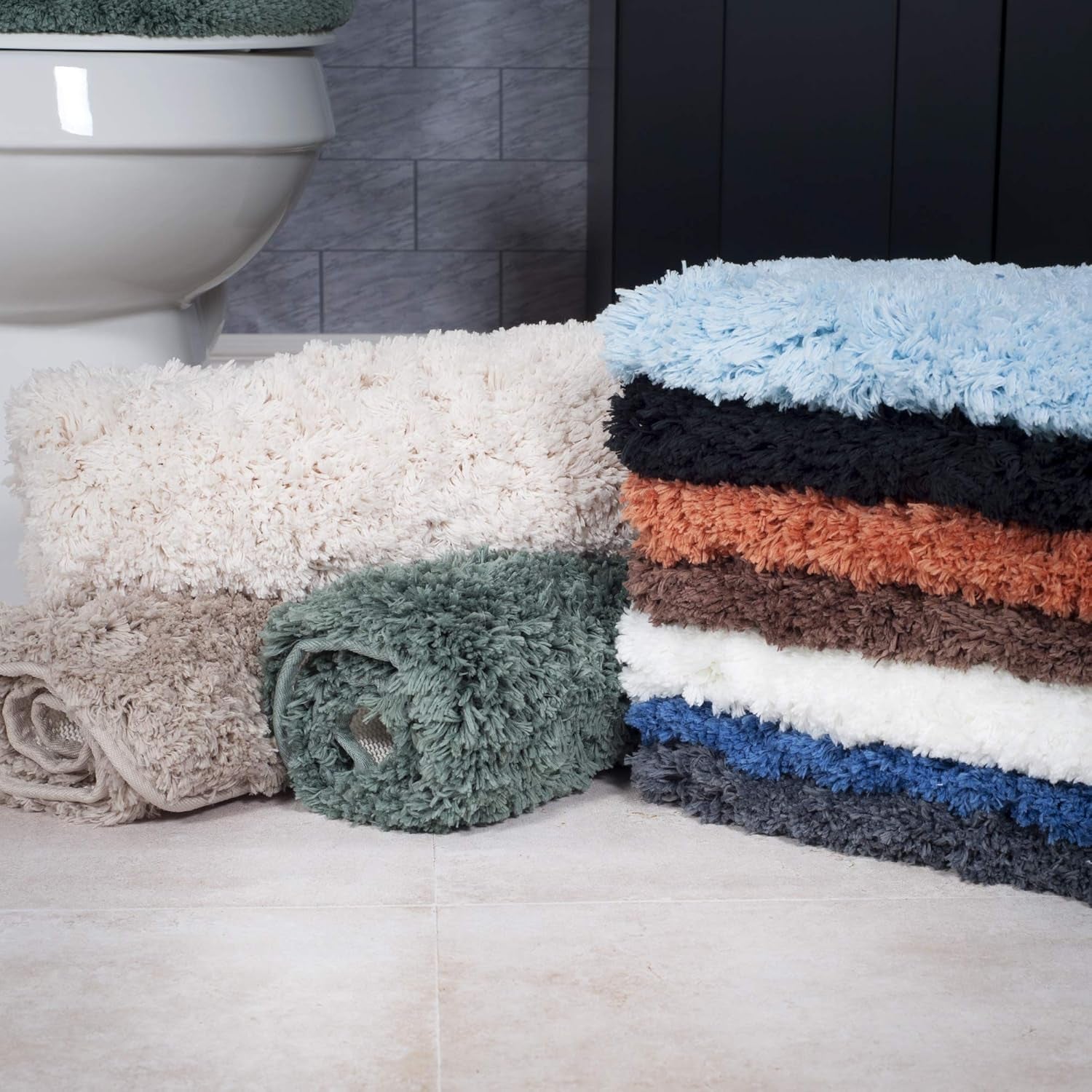 3-Piece Bathroom Rug Set – Non-Slip Bath Mat Set with Bath Rug, Contour Mat, and Toilet Lid Cover – Machine Washable Mats by  (Black)