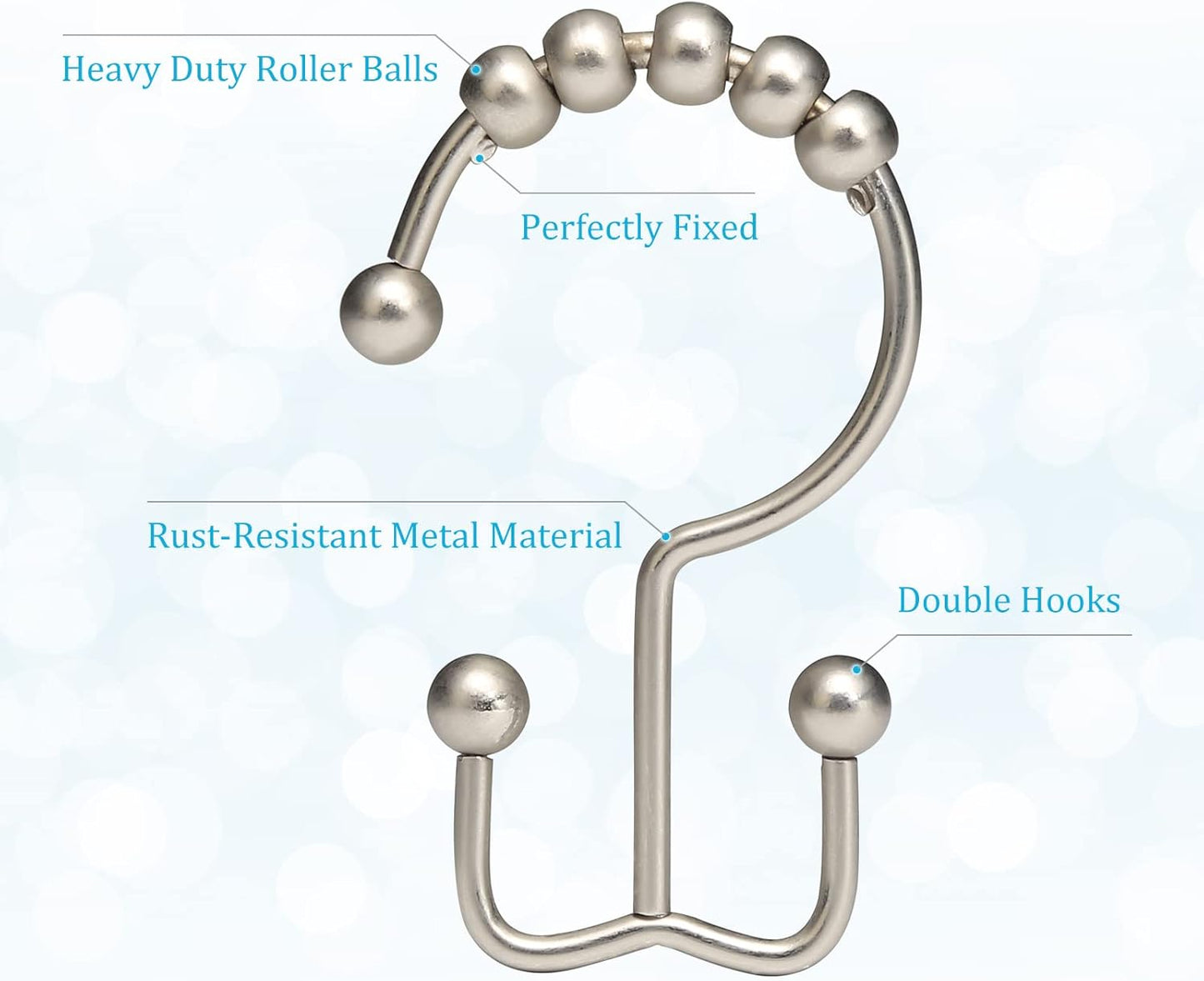 Rust-Resistant Metal Shower Curtain Hooks - Double Glide Design, Set of 12 in Matte Nickel for Smooth Bathroom Shower Experience