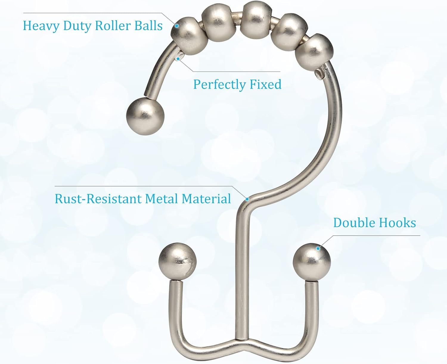 Rust-Resistant Metal Shower Curtain Hooks - Double Glide Design, Set of 12 in Matte Nickel for Smooth Bathroom Shower Experience