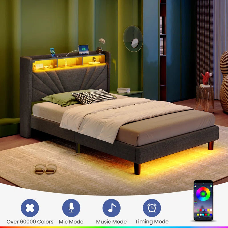 Karo Upholstered Metal Wingback Storage Bed with Headboard, Charging Station and LED Lights