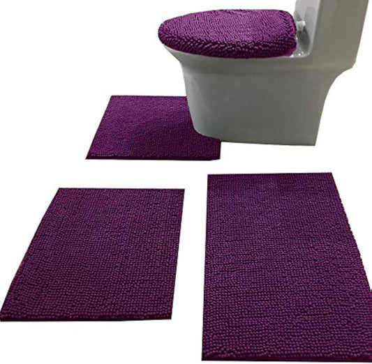 Bath Rug Set 4 Piece with Toilet Lid Cover and Rug Set Combo, Soft Shaggy, 3 Piece and U-Shaped Toilet Floor Rug Purpal
