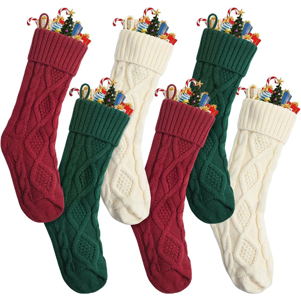 6 Pack Knit Christmas Stockings, 18" Cable Knitted Stocking Decorations Xmas Rustic Farmhouse for Family Holiday Season, Burgundy, Ivory White, Green