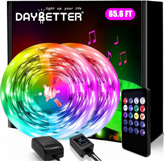 65.6Ft LED Strip Lights,2 Rolls of 32.8Ft Music Sync RGB Color Changing Strip Lights with IR Remote for Bedroom Decoration