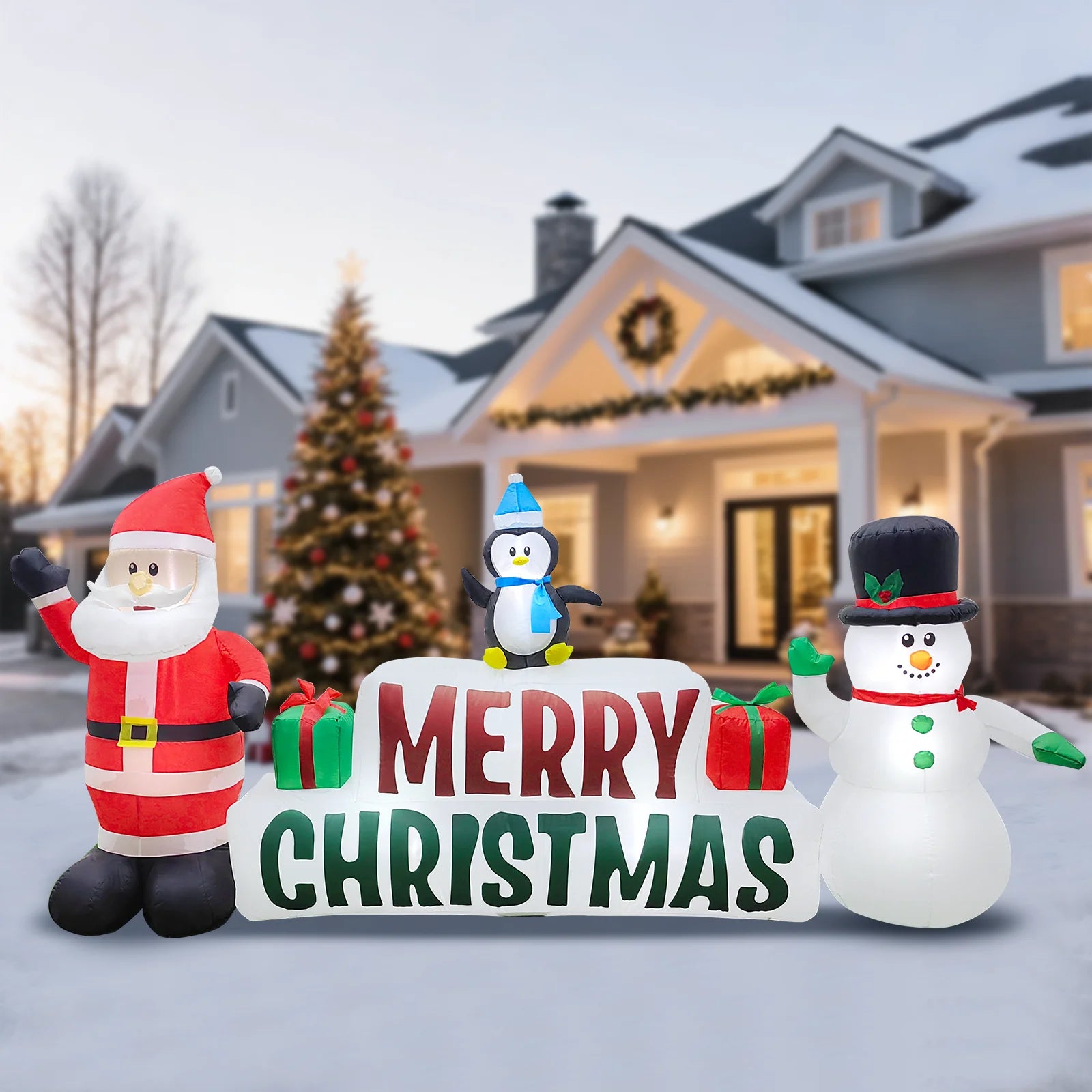 10Ft Long Christmas Inflatables, Lighted Merry Christmas Sign with Santa, Snowman, and Penguin, Giant Blow up Outdoor Christmas Lawn Yard Decoration