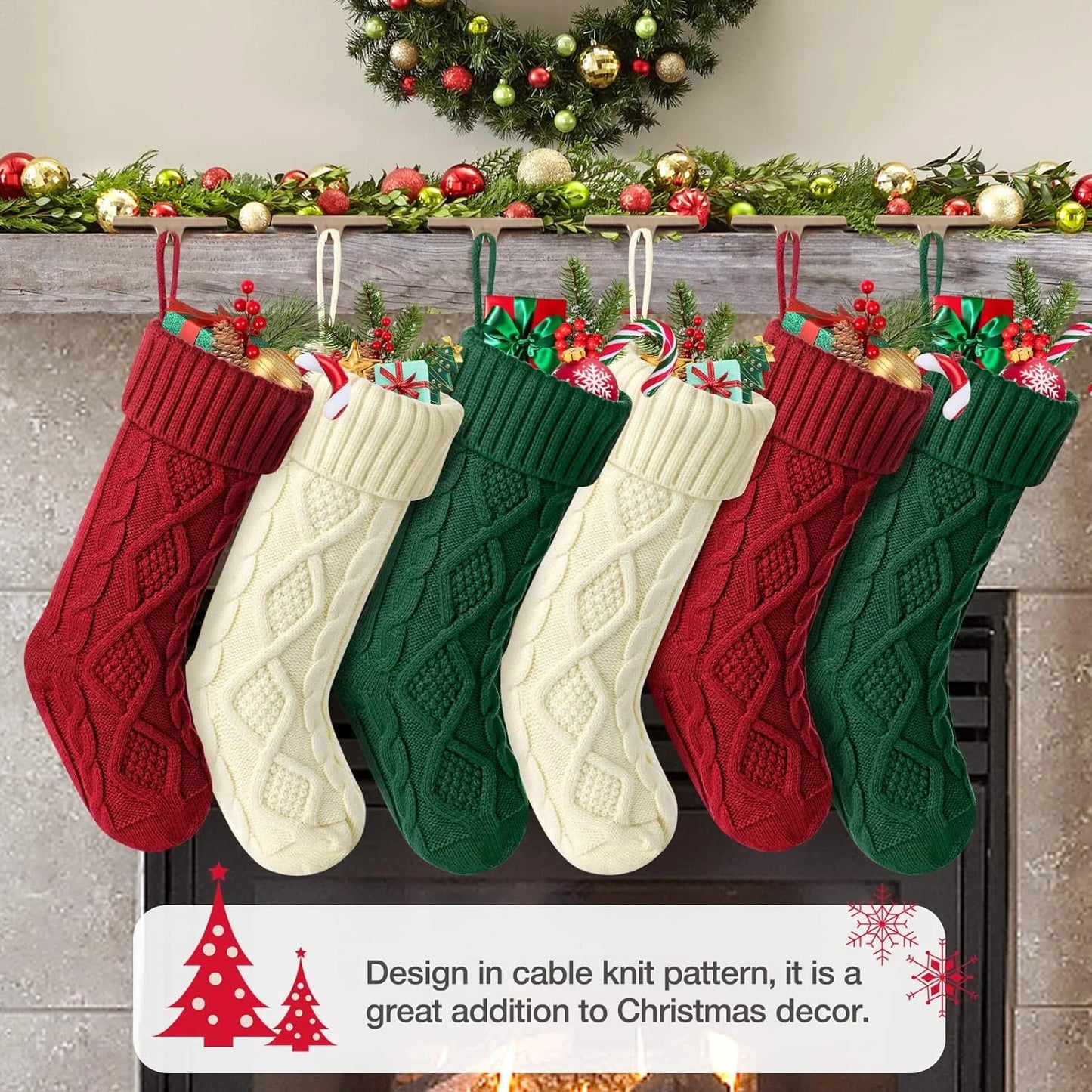 6 Pack Knit Christmas Stockings, 18" Cable Knitted Stocking Decorations Xmas Rustic Farmhouse for Family Holiday Season, Burgundy, Ivory White, Green