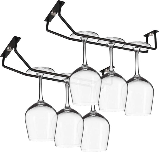 10.8 Inch Black Wine Glass Rack, under Cabinet Wine Glass Holder, Metal Stemware Rack Hanger for Kitchen Storage (2 Pack)