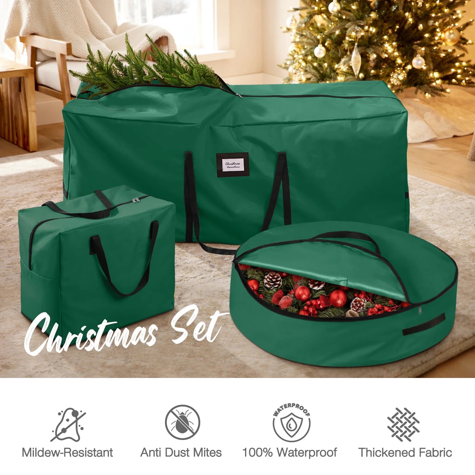 3Pcs Christmas Tree Storage Bag, Christmas Tree Bag for 7.5 FT Artificial Trees, Durable Waterproof with Reinforced Carrying Handles (Green)