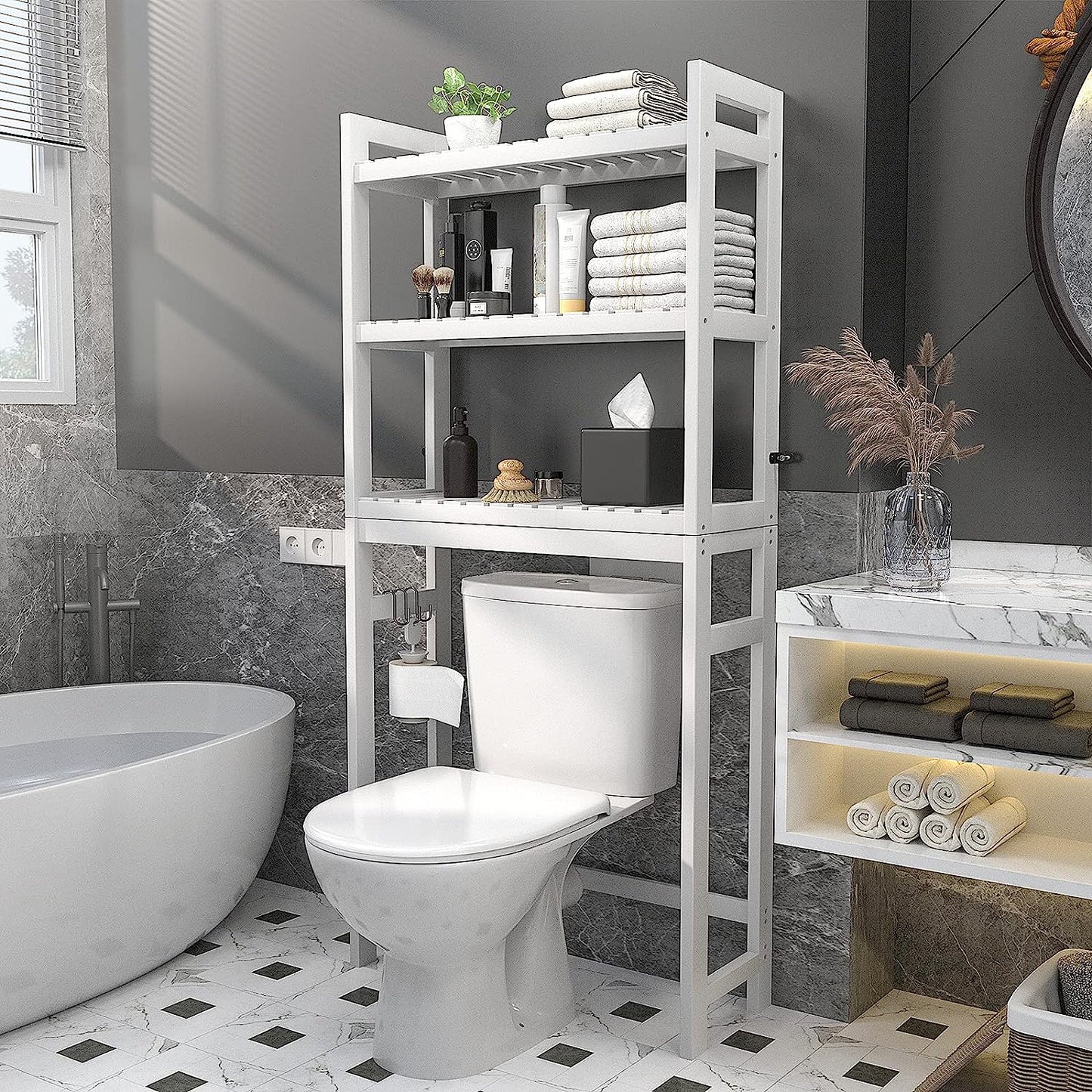 over the Toilet Storage, Bamboo 3-Tier Over-The-Toilet Space Saver Organizer Rack, Stable Freestanding above Toilet Stand with 3 Hooks for Bathroom, Restroom, Laundry, White