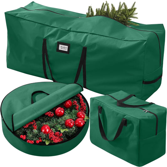 3Pcs Christmas Tree Storage Bag, Christmas Tree Bag for 7.5 FT Artificial Trees, Durable Waterproof with Reinforced Carrying Handles (Green)