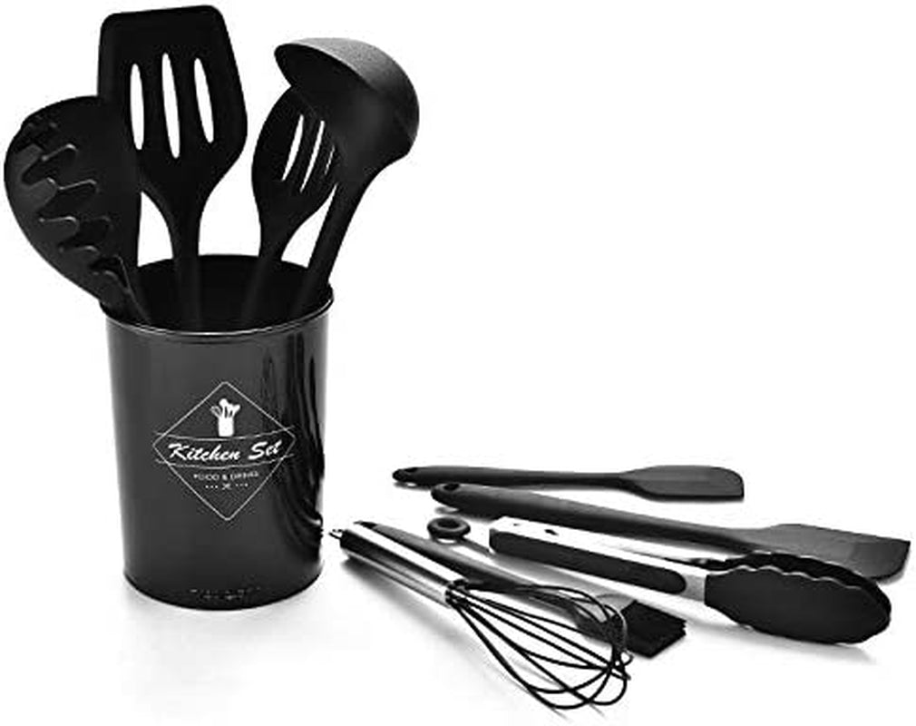 Silicone Kitchen Utensil Set, Heat-Resistant Non-Stick Silicone Cooking Gadgets Tools (Black Holder)