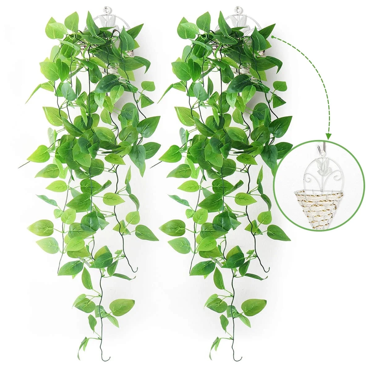 2 Pack Artificial Hanging Plants with Baskets, Fake Hanging Ivy Vine Wall Hanging Plants Greenery for Home Garden Room Wedding Decorations