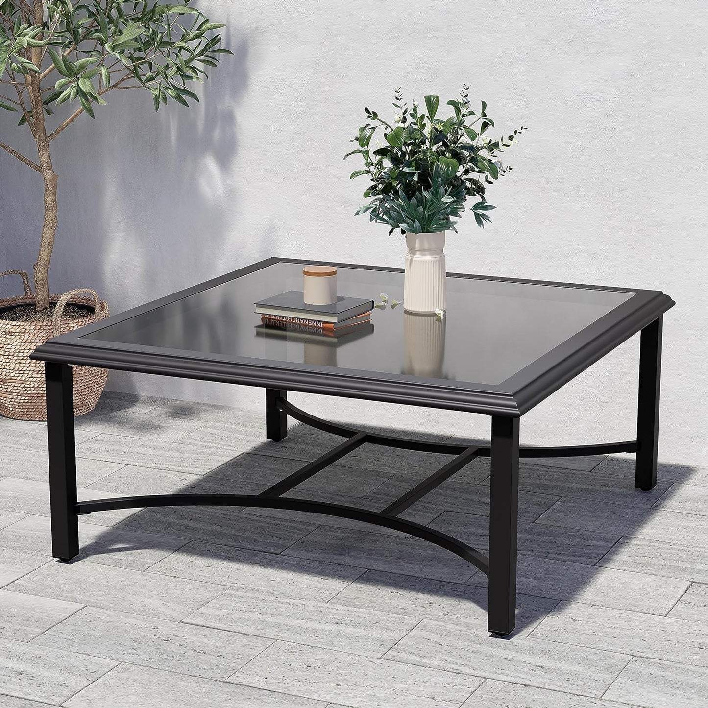 Outdoor Glass Coffee Table,Outdoor Furniture Coffee,Patio Garden Furniture Multi-Functional Tea Table with Tempered Glass Top, for Conversation-Square (Tea Table with Glass Top)