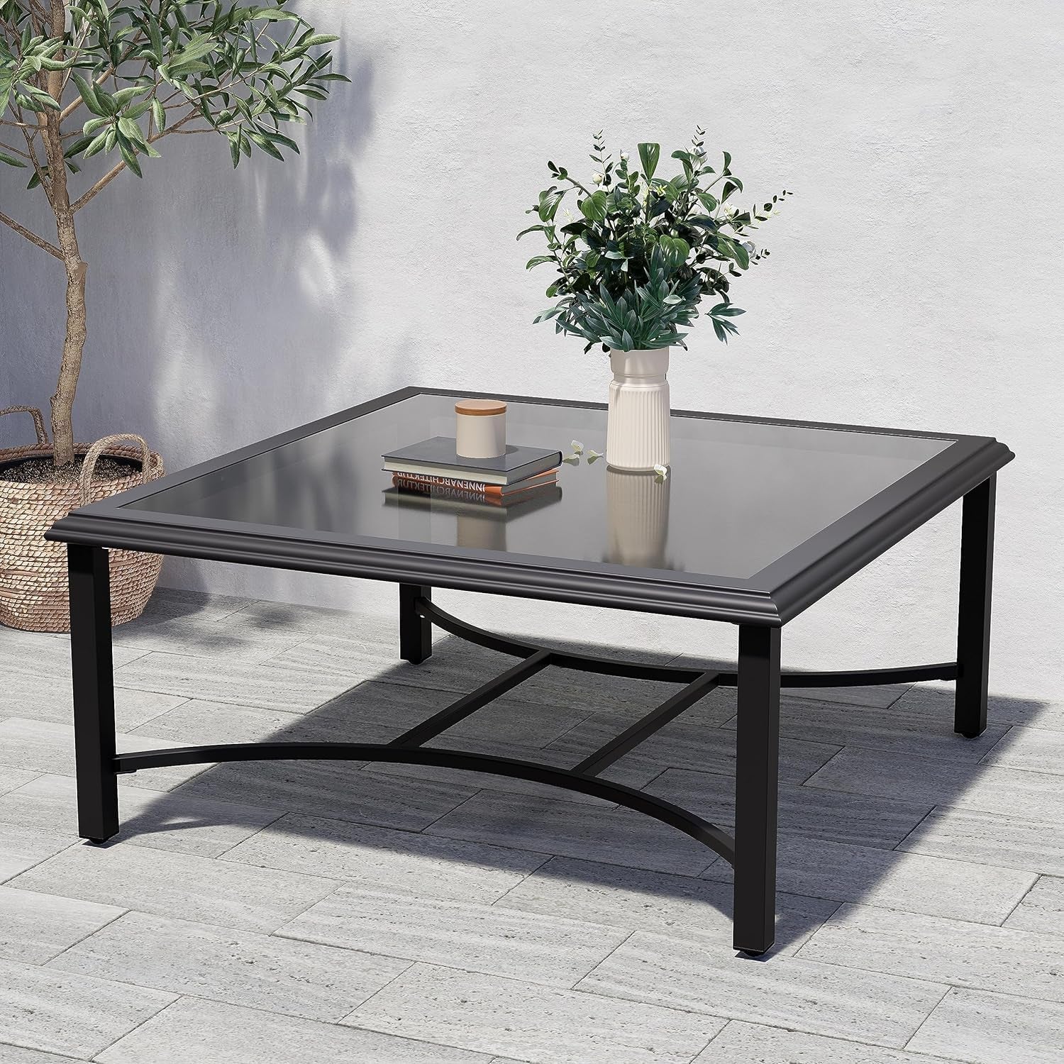 Outdoor Glass Coffee Table,Outdoor Furniture Coffee,Patio Garden Furniture Multi-Functional Tea Table with Tempered Glass Top, for Conversation-Square (Tea Table with Glass Top)