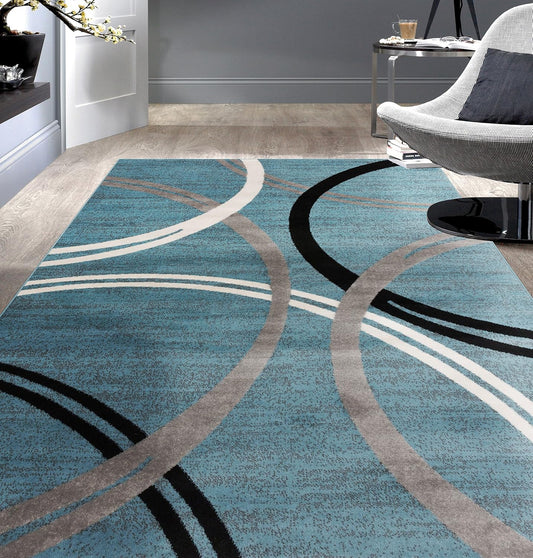 Modern Wavy Circles Design Area Rug 6'6" X 9' Blue