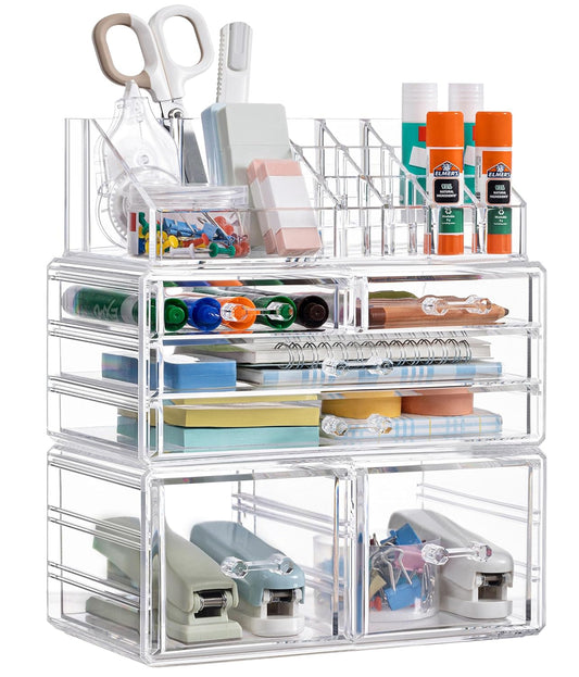 Desk Organizer with 6 Drawers, Large Stackable Pencil Pen Holder & Art Supplies Storage, Multi-Functional Desktop Organizers and Accessories for Office, Home, School