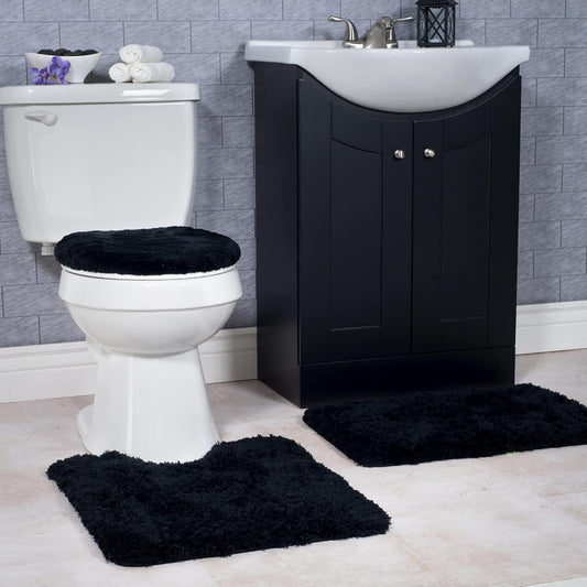 3-Piece Bathroom Rug Set – Non-Slip Bath Mat Set with Bath Rug, Contour Mat, and Toilet Lid Cover – Machine Washable Mats by  (Black)