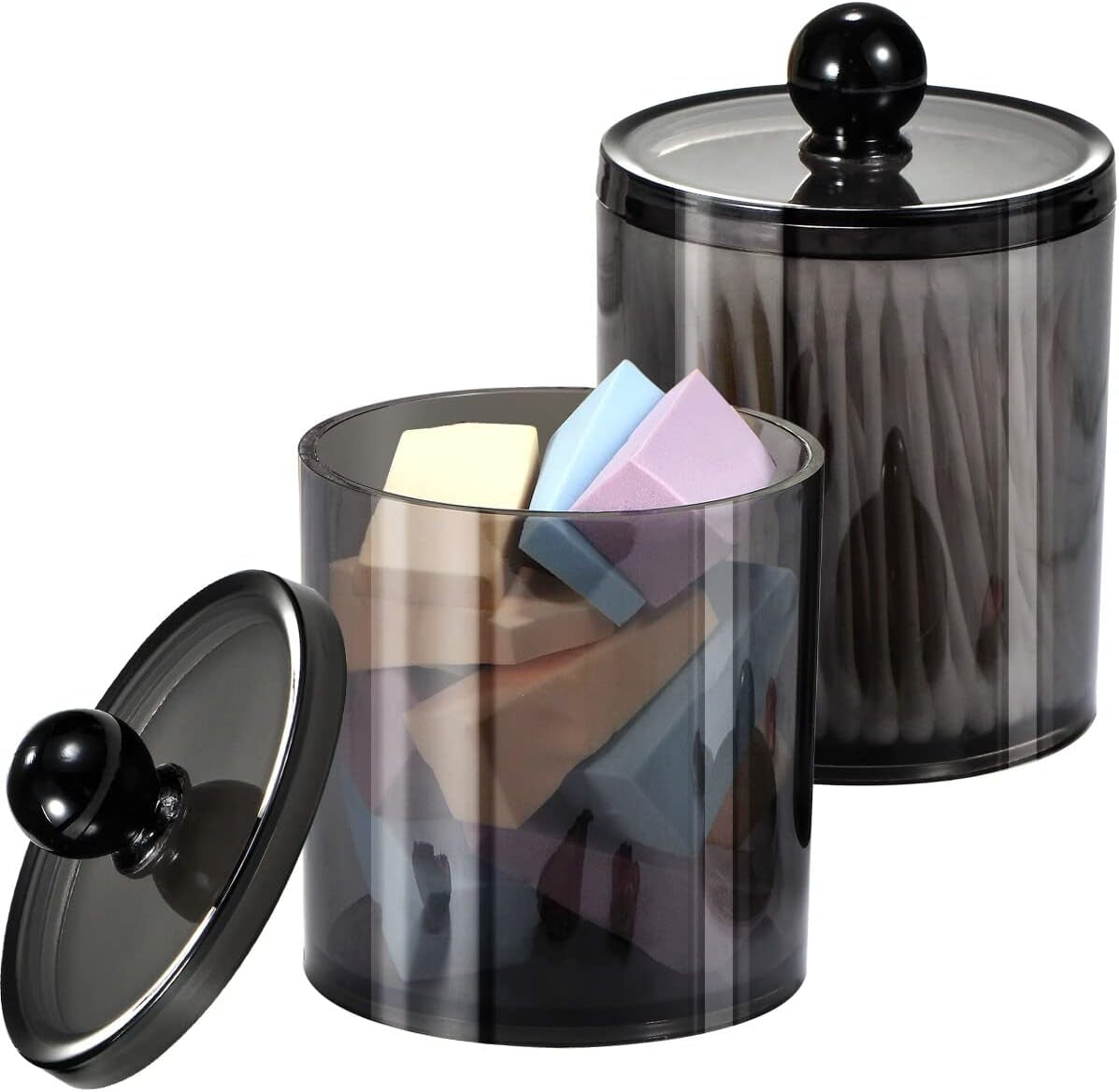 2 Pack of 10 Oz. Small Clear Plastic Apothecary Jar - Qtip Dispenser Holder Bathroom Vanity Storage Canister Acrylic Jar for Cotton Ball,Cotton Swab,Q-Tips,Cotton Rounds (Black)