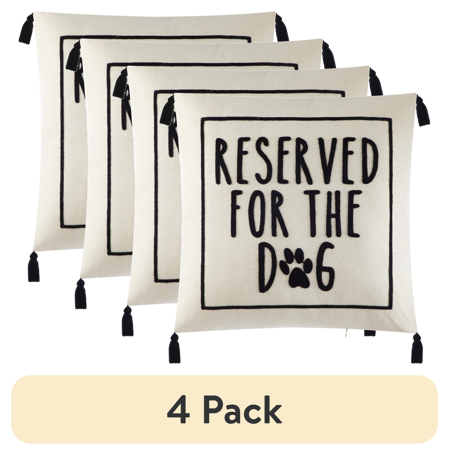 (4 Pack)  Black and White Reserved for Dog Square Decorative Pillow for Adults, 18 in X 18 In
