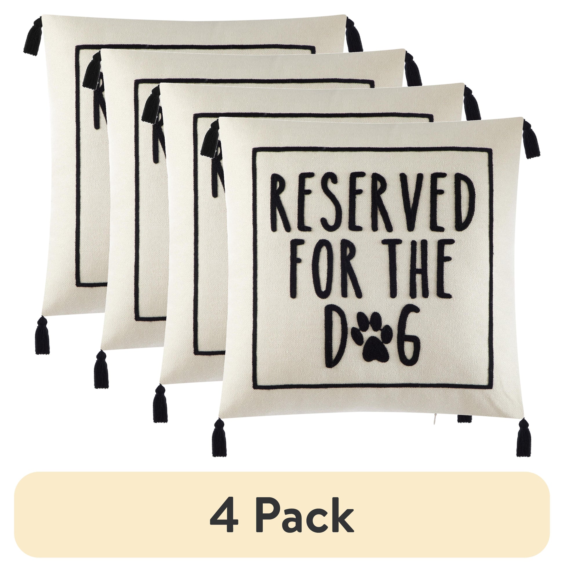 (4 Pack)  Black and White Reserved for Dog Square Decorative Pillow for Adults, 18 in X 18 In