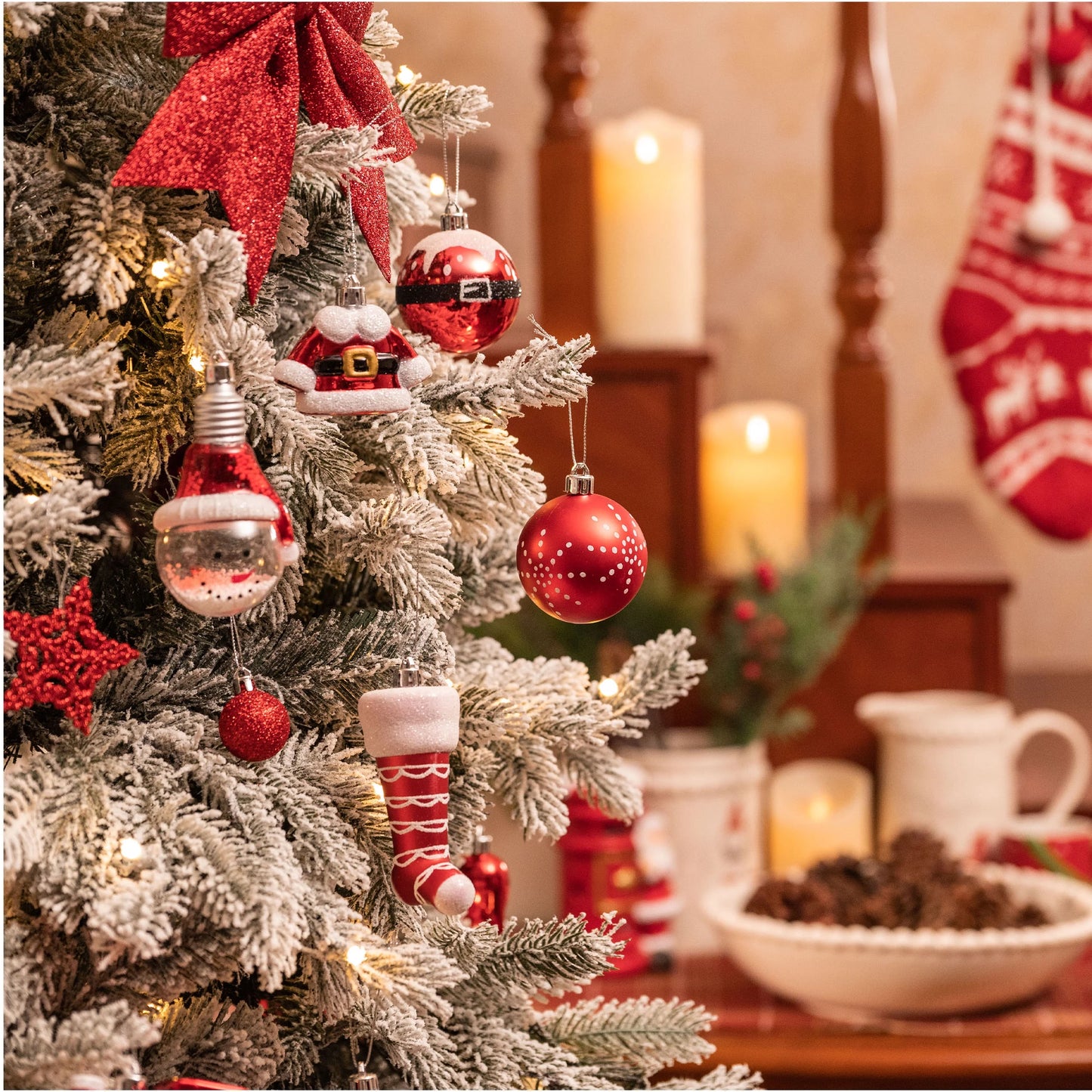 70Ct Christmas Ornaments Set, Red White Christmas Tree Ornaments for Holiday Party Decor