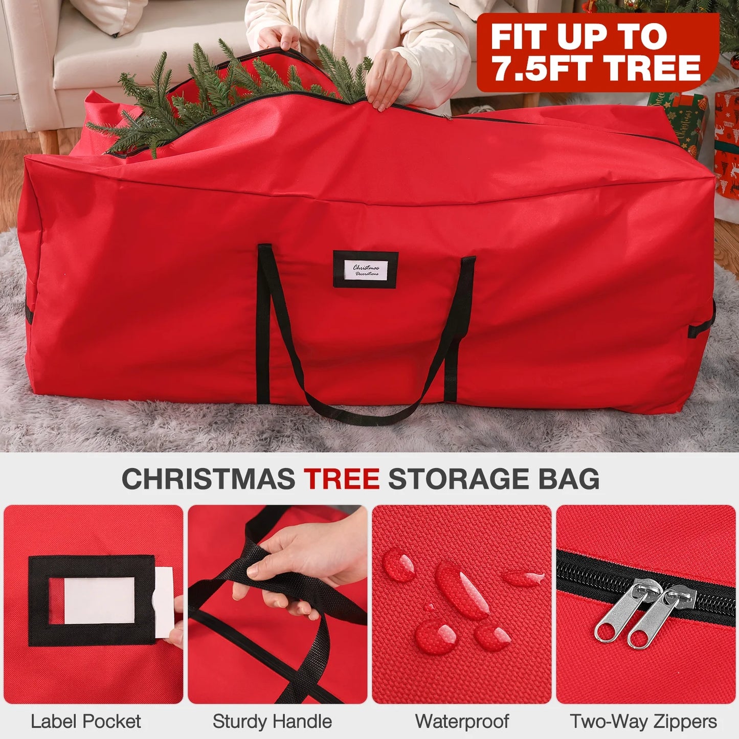 3Pcs Christmas Tree Storage Bag, Christmas Tree Bag for 7.5 FT Artificial Trees, Durable Waterproof with Reinforced Carrying Handles (Red)