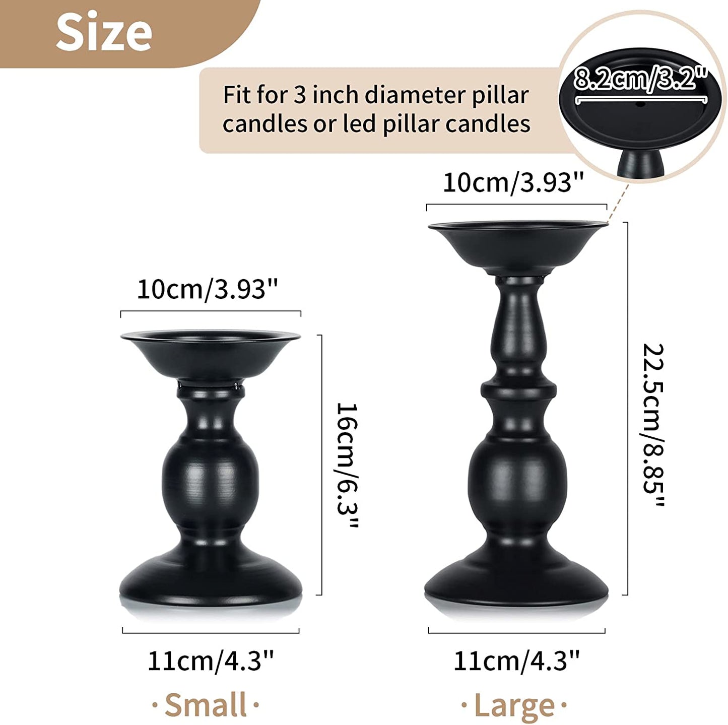 Black Candle Holder for Pillar Candles - 2 Pcs Rustic Candle Holders Set Metal Candle Stand Tall Retro Fall Pillar Candleholder for Halloween Easter Farmhouse Fireplace Home Table Centerpiece