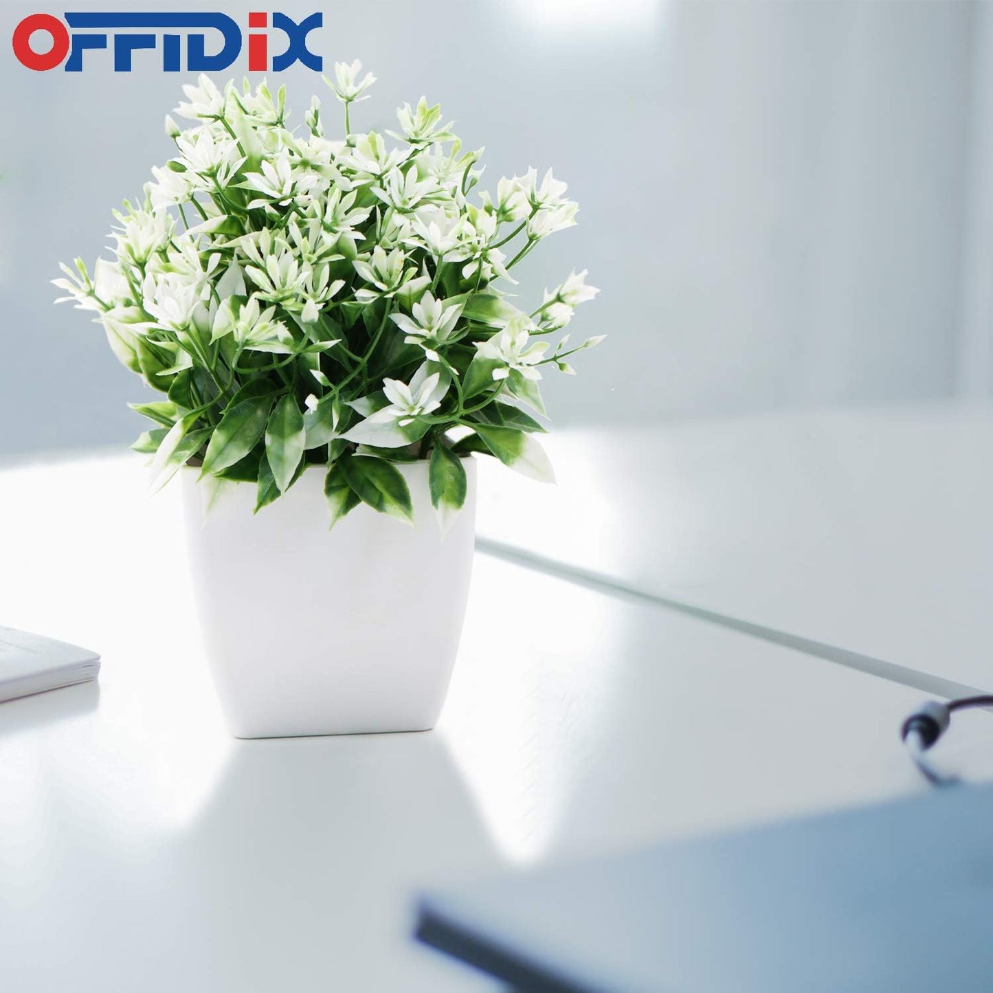 Artificial Plants,Mini Artifical Flower with Plastic White Square Pots Office Plant Topiary Shrubs Fake Plants for Bathroom,House Decorations