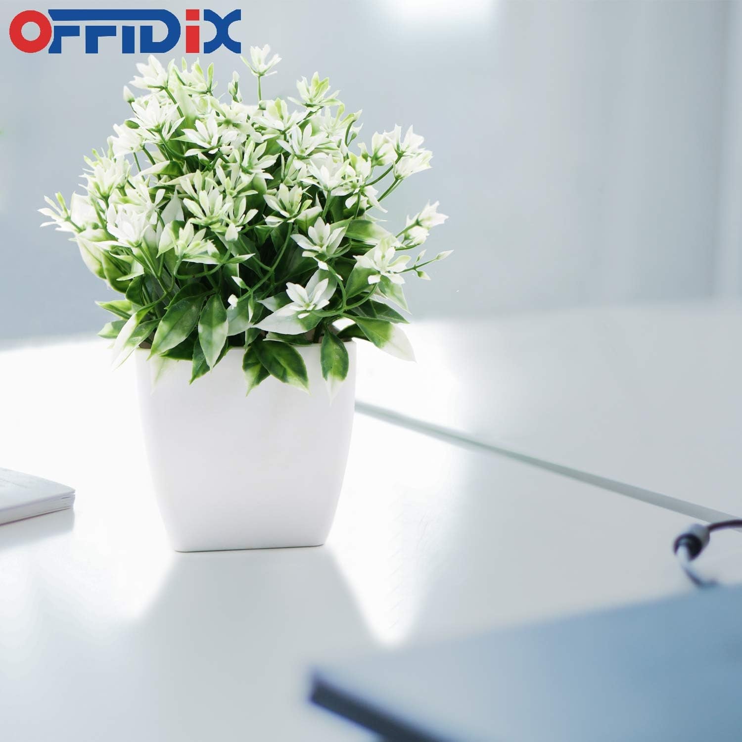 Artificial Plants,Mini Artifical Flower with Plastic White Square Pots Office Plant Topiary Shrubs Fake Plants for Bathroom,House Decorations