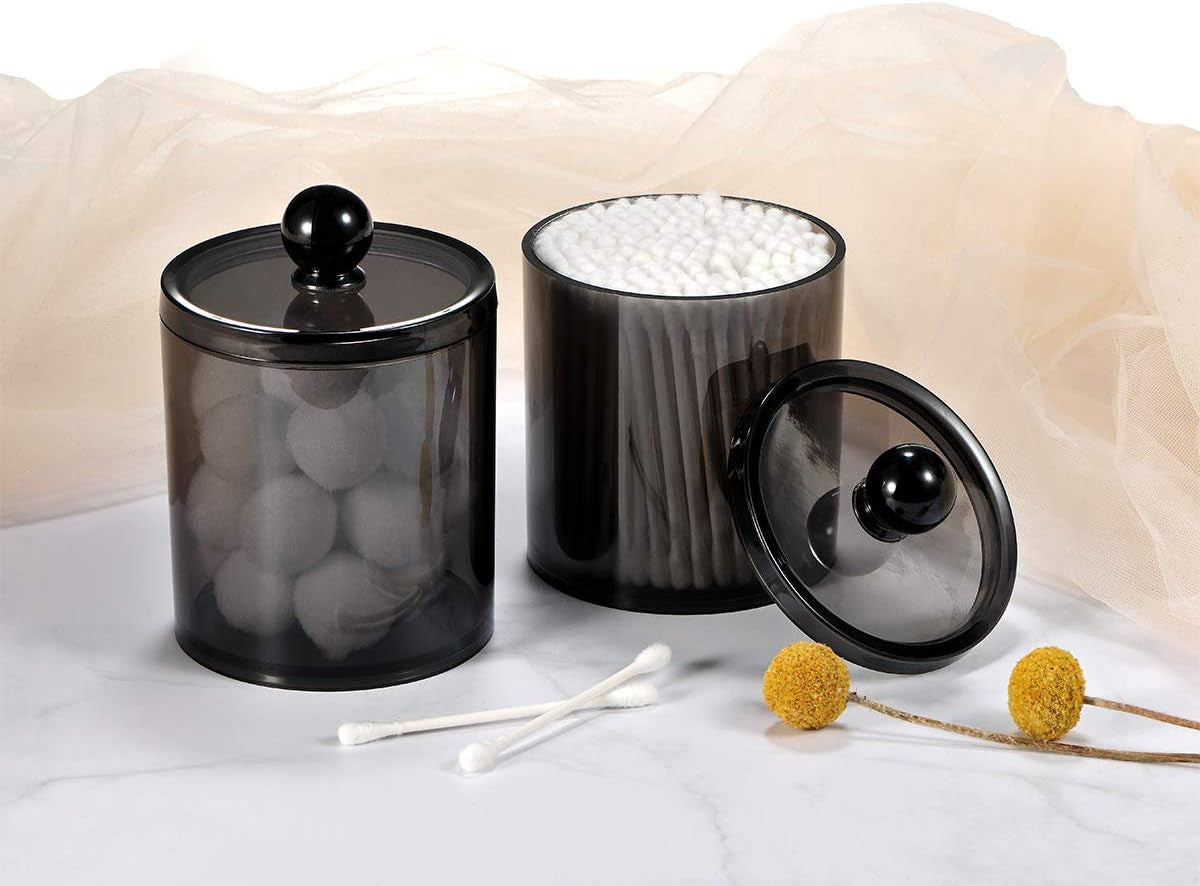 2 Pack of 10 Oz. Small Clear Plastic Apothecary Jar - Qtip Dispenser Holder Bathroom Vanity Storage Canister Acrylic Jar for Cotton Ball,Cotton Swab,Q-Tips,Cotton Rounds (Black)